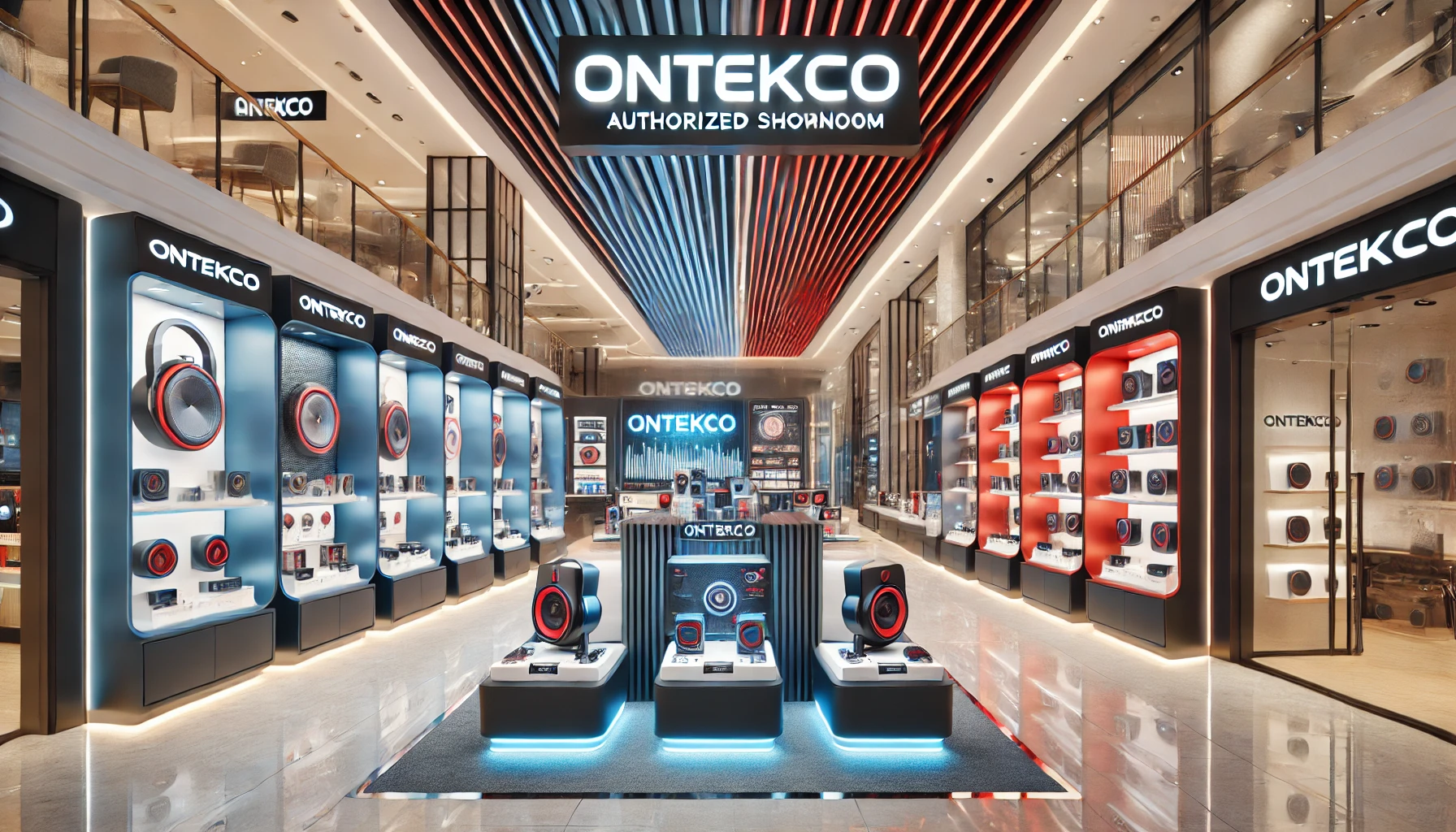 DALL·E 2025 03 10 14.53.58 A spacious and modern ONTEKCO authorized showroom inside a shopping mall displaying a variety of high quality portable speakers. The showroom feature